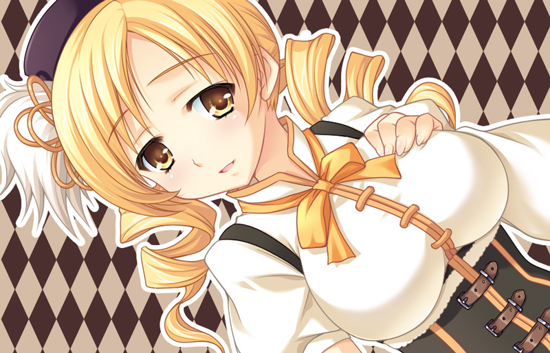 blonde_hair breasts drill_hair dutch_angle face hand_on_own_chest hat katagiri_chisato large_breasts light_smile mahou_shoujo_madoka_magica solo tomoe_mami upper_body yellow_eyes