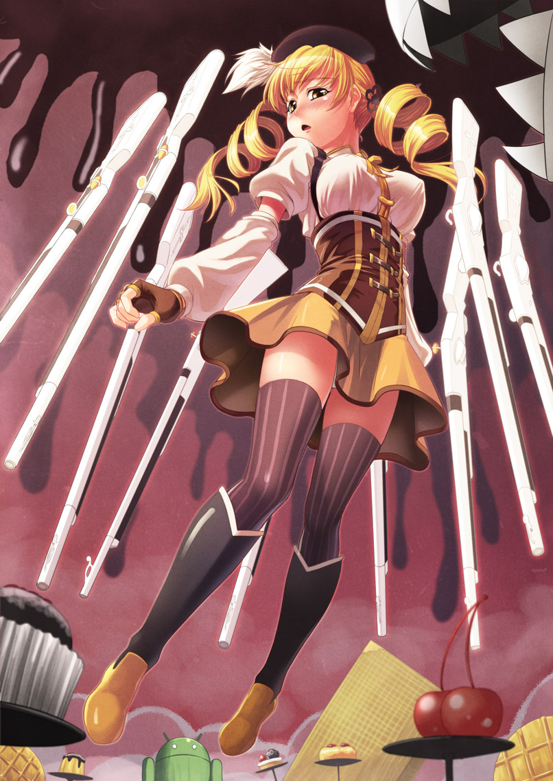 android_(os) beret blonde_hair blush boots charlotte_(madoka_magica) detached_sleeves drill_hair fate/stay_night fate_(series) fingerless_gloves gloves gun hair_ornament hairpin hat magical_musket mahou_shoujo_madoka_magica man_(trance) pleated_skirt puffy_sleeves ribbon skirt solo striped striped_legwear thighhighs tomoe_mami twintails unlimited_blade_works vertical-striped_legwear vertical_stripes weapon yellow_eyes zettai_ryouiki