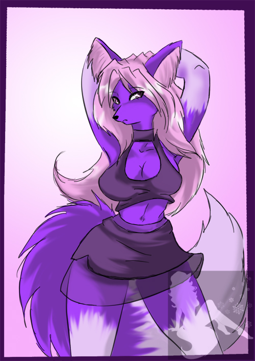 arctic-sekai big_breasts breasts canine cleavage female fox hair looking_at_viewer pink_hair purple raised_arm skirt solo standing stretch tail