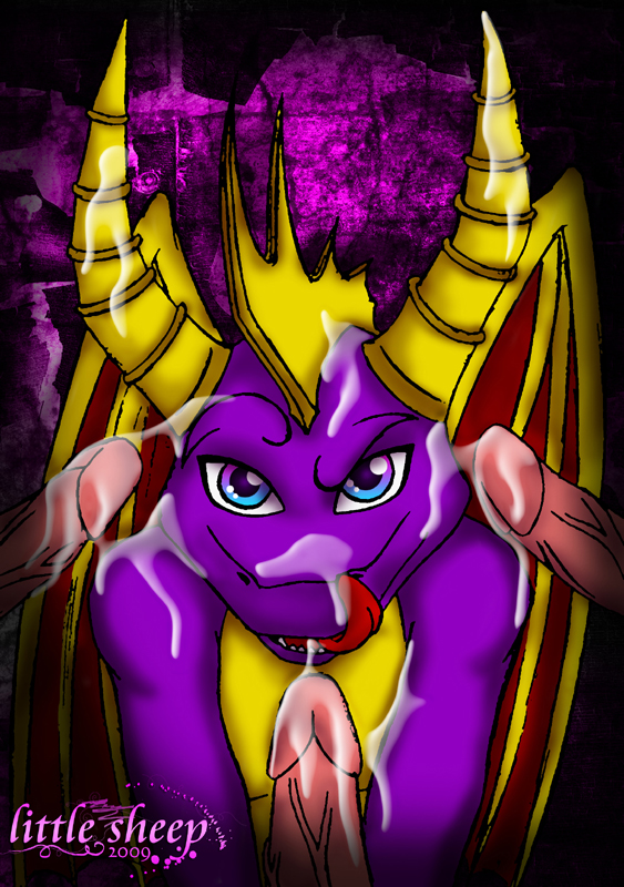 2009 bukkake cum cum_on_face disembodied_penis dragon gay horn licking little-sheep little_sheep looking_at_viewer male penis portrait purple_dragon spyro spyro_the_dragon tongue video_games wings