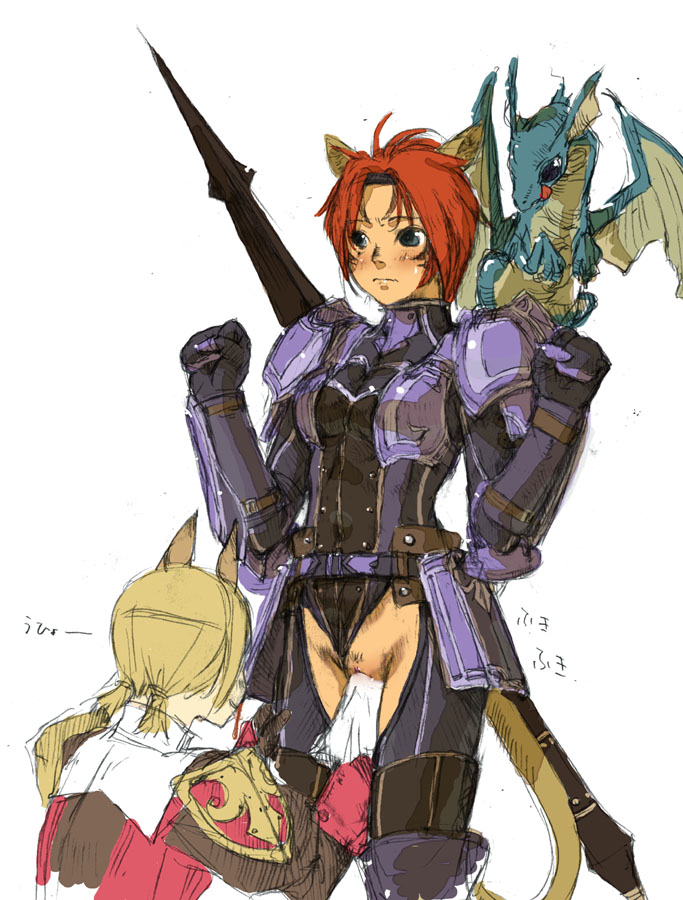 animal_ears armor blonde_hair blood blush branch_(blackrabbits) cat_ears cat_tail dragon dragoon dragoon_(final_fantasy) final_fantasy final_fantasy_xi mithra multiple_girls nosebleed orange_hair polearm pussy red_mage short_hair spear tail thighhighs uncensored weapon yuri