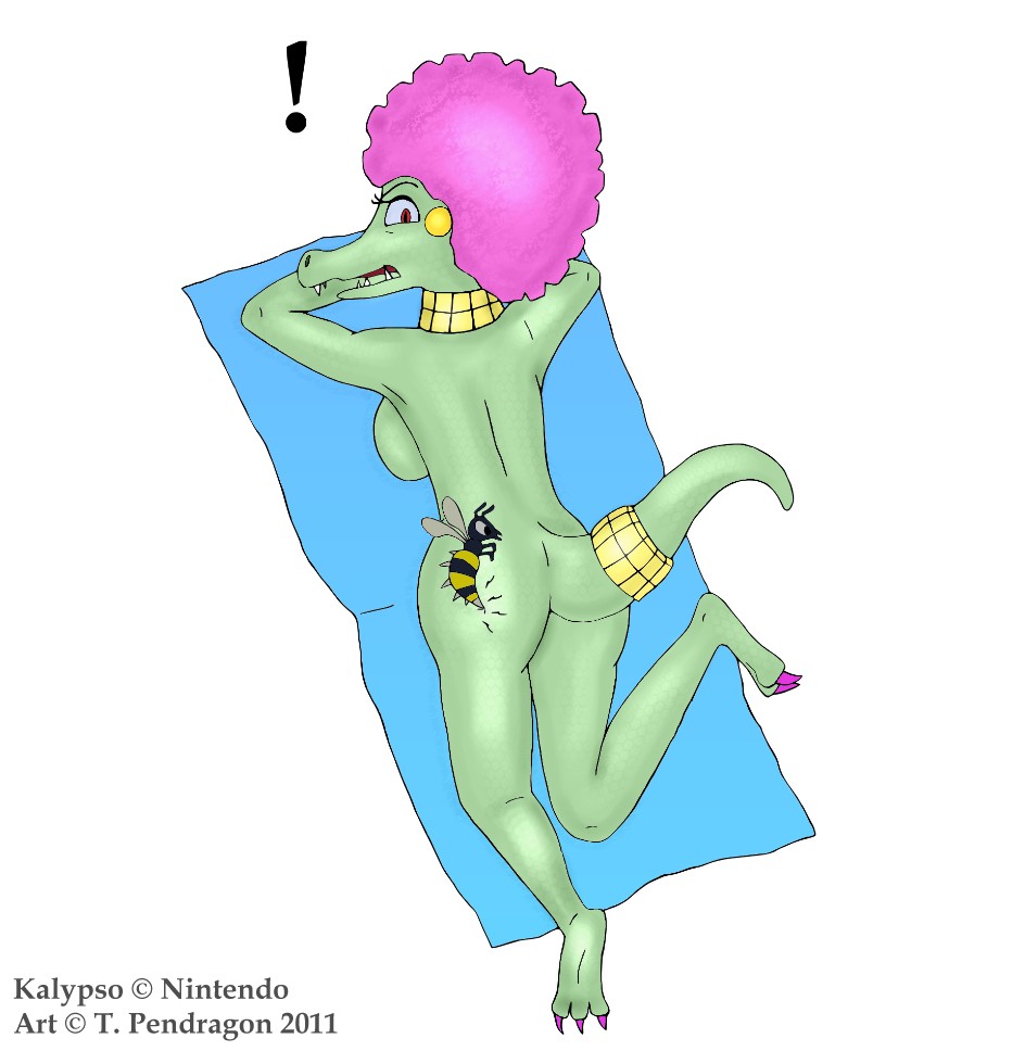 akapendragon alligator arthropod bee bee_sting breasts butt donkey_kong_(series) female hair insect kalypso kremling nintendo nude plain_background raised_tail reptile scalie solo sting tail video_games white_background zinger