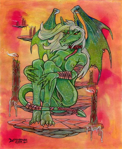 breasts candle collar dragon female green nude paul_defenbaugh pussy scalie solo wings