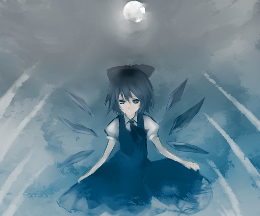 blue_eyes blue_hair cirno moon shinso_(yoshitsuna) short_hair solo touhou wings