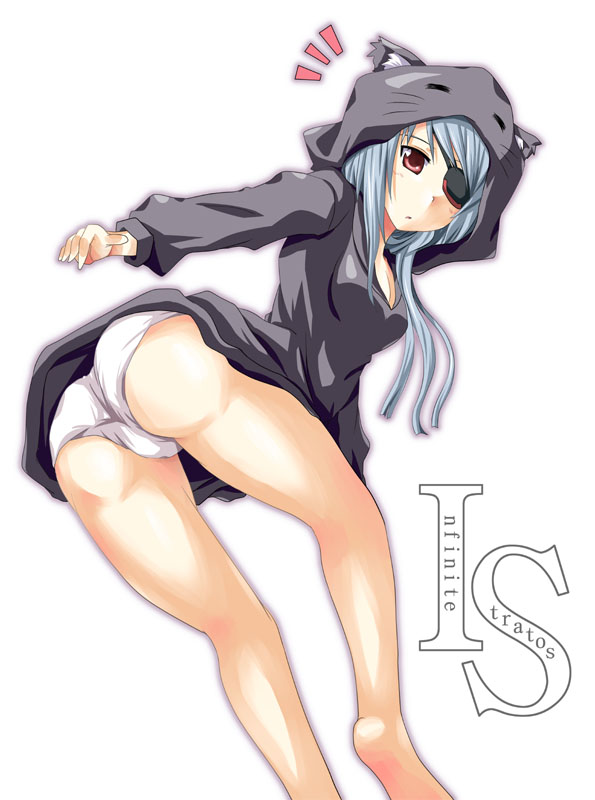 animal_ears animal_hat ass barefoot cat_ears costume eyepatch grey_hair hat infinite_stratos laura_bodewig mister_(black_and_white) panties silver_hair thighs underwear