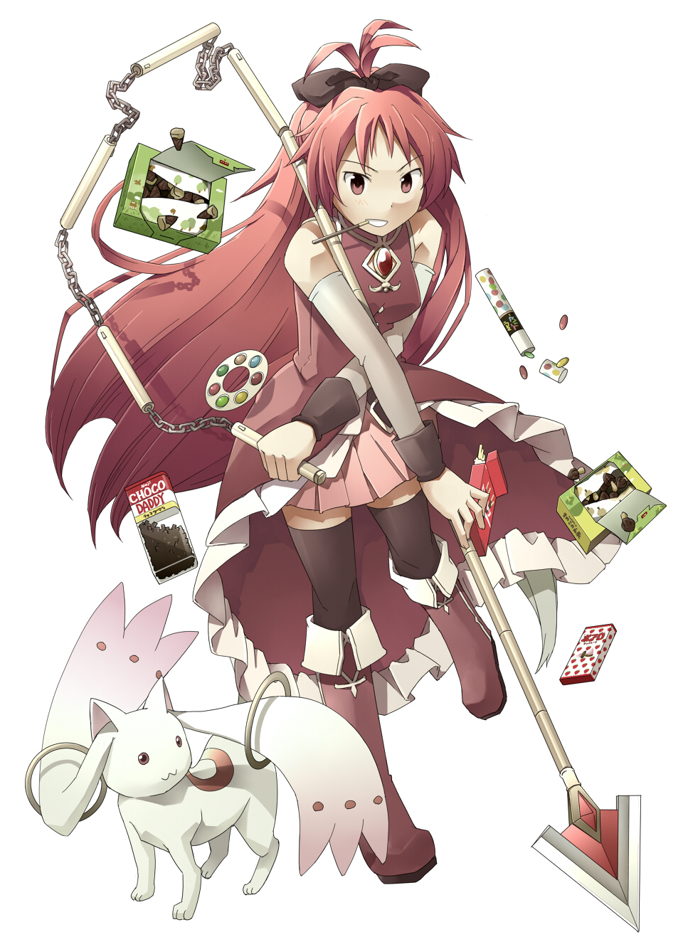 :3 black_legwear boots bow candy chocolate detached_sleeves food grin hair_bow highres kyubey long_hair magical_girl mahou_shoujo_madoka_magica mouth_hold pleated_skirt pocky polearm ponytail red_eyes red_hair sakura_(medilore) sakura_kyouko simple_background skirt smile spear thighhighs very_long_hair weapon zettai_ryouiki