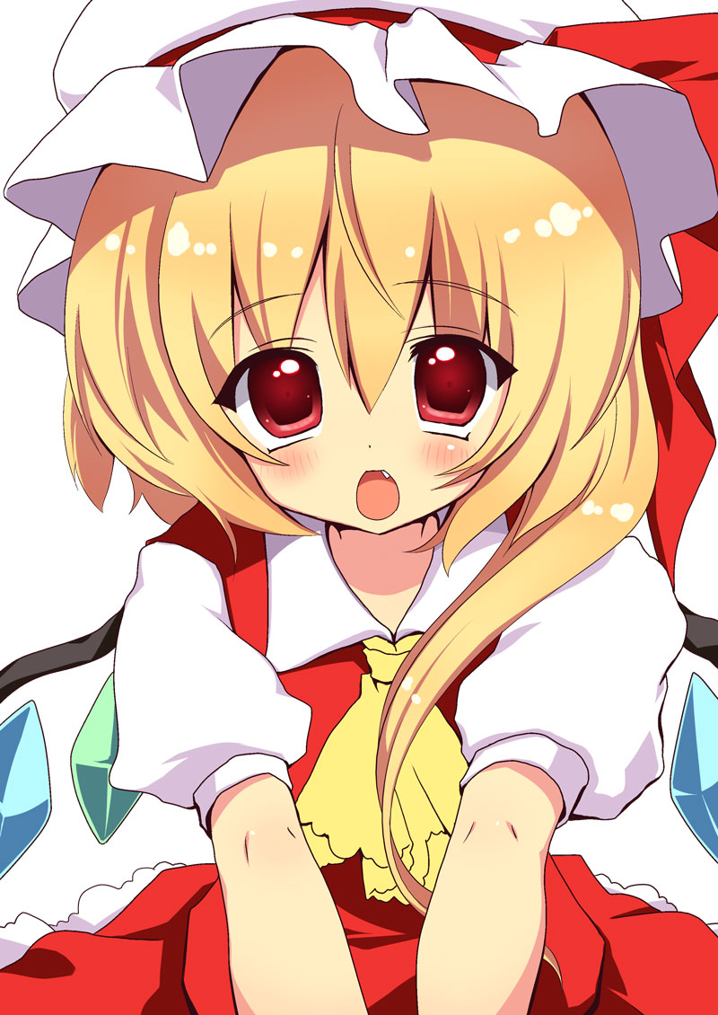 amanagi_seiji bad_id bad_pixiv_id blonde_hair fang flandre_scarlet hat looking_at_viewer open_mouth outstretched_arms pov red_eyes side_ponytail solo touhou wings