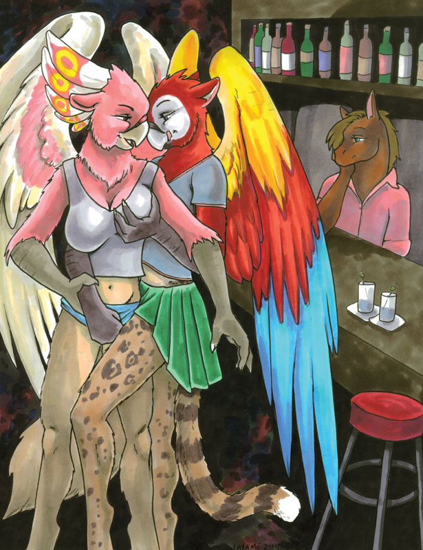 avian ayame_emaya bar being_watched canine cockatoo couple dingo dog female grope gryphon lesbian macaw margay parrot pico_(susan_eikenburg) public susan_eikenburg xan