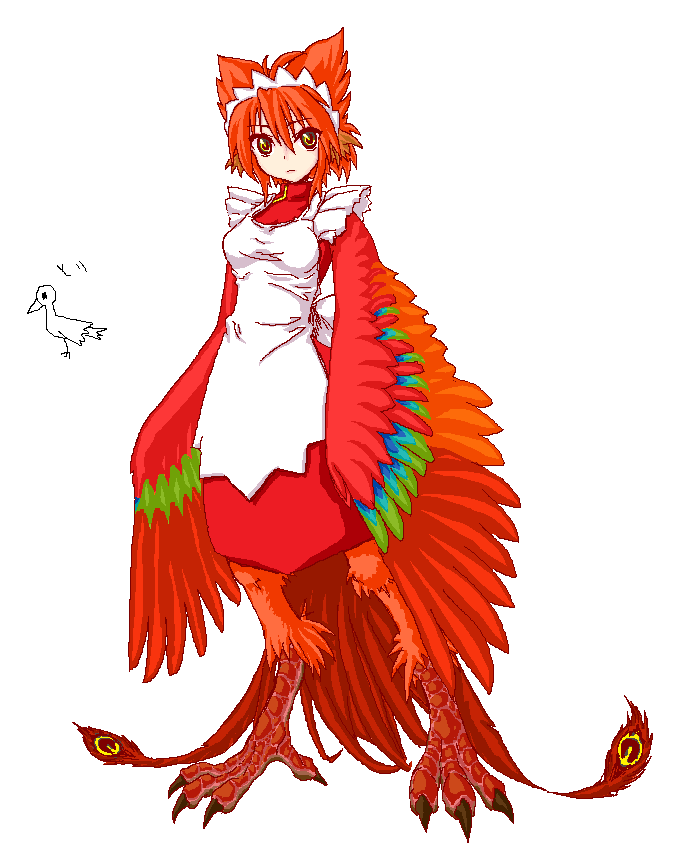 feathered_wings feathers futaba_channel harpy maid monster_girl nijiura_maids red_hair solo suzaku_(nijiura_maid) talons wings