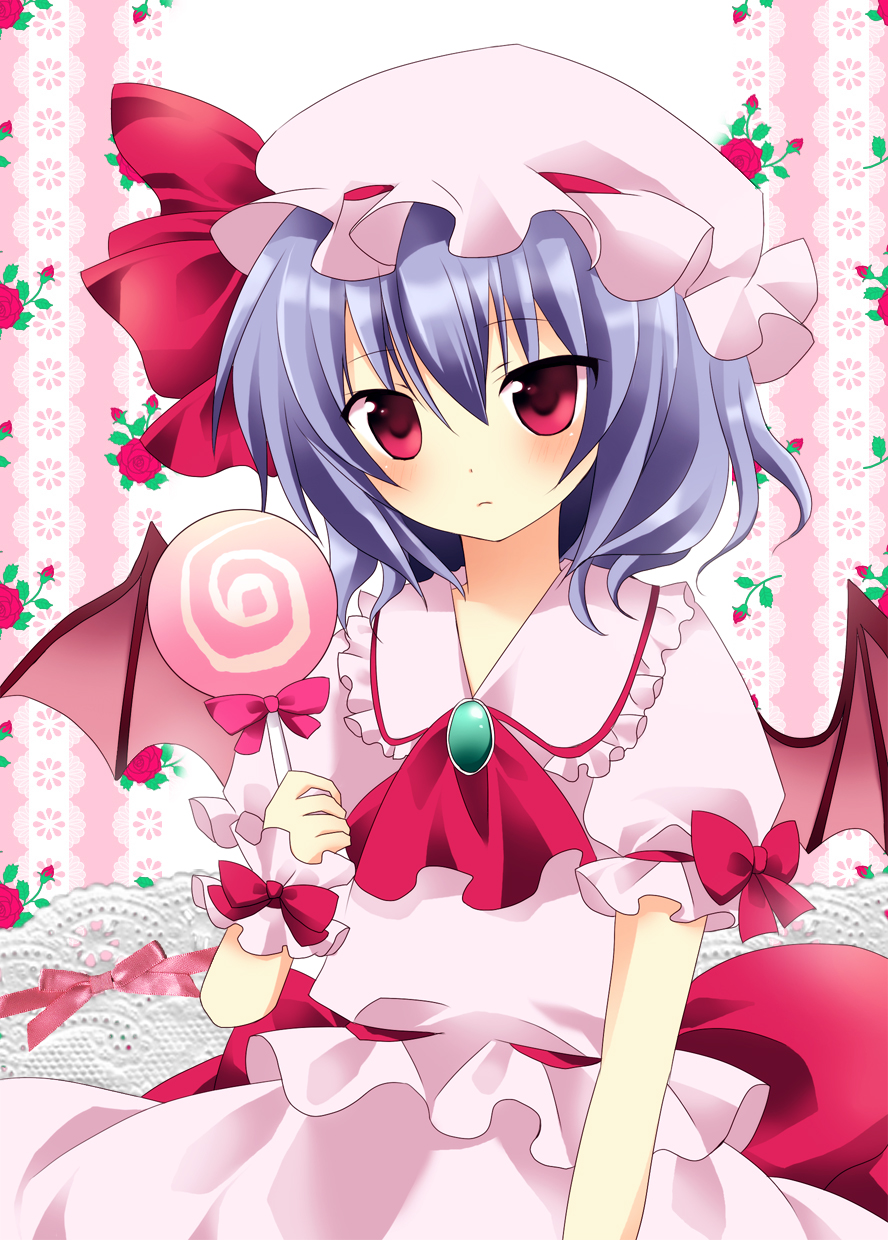 bat_wings blue_hair candy food hat highres mayo_(miyusa) red_eyes remilia_scarlet short_hair solo touhou wings