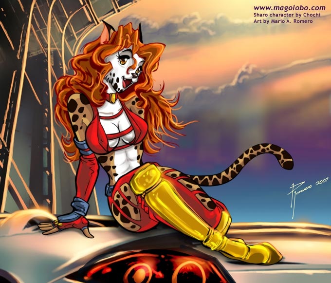 2007 anthro breasts brown_eyes car cat cleavage clothed clothing feline female gloves hair magolobo mammal necklace orange_hair outside pose sky solo