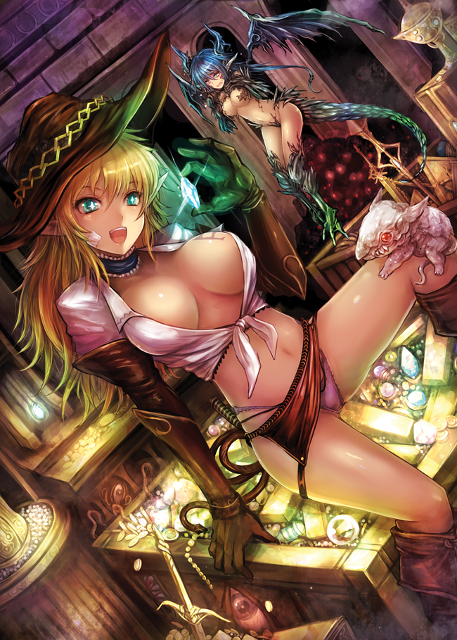 2girls :d blonde_hair blue_eyes blue_hair blush boots breasts claws cleavage curvy dragon_girl elbow_gloves floating front-tie_top gem glint gloves gold green_eyes hat horns jewelry kara_(color) large_breasts lingerie microskirt miniskirt monster monster_girl multiple_girls navel no_bra open_clothes open_mouth open_shirt original panties pointy_ears revealing_clothes shirt sitting skirt smile tail tied_shirt treasure underwear whip wings