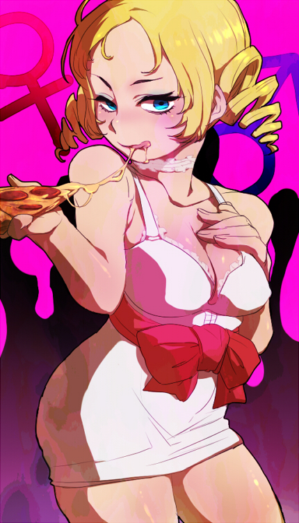 bad_id bad_pixiv_id breasts catherine catherine_(game) cleavage food large_breasts pizza solo st05254