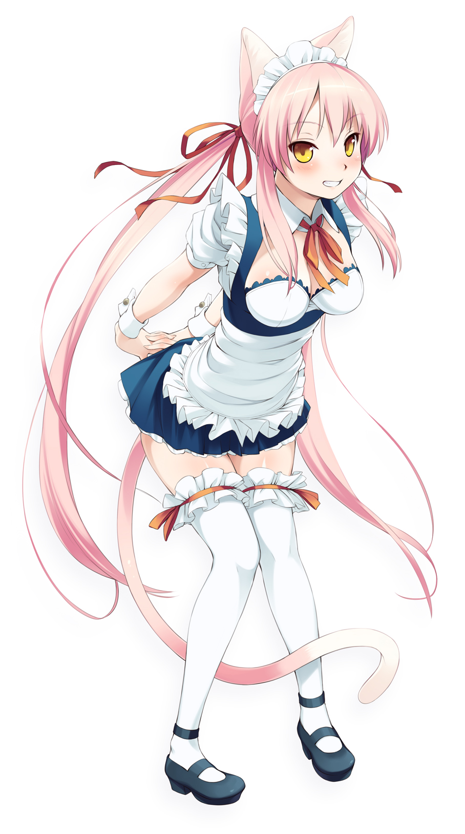 animal_ears arms_behind_back blush breasts cat_ears cat_tail cleavage full_body grin hair_ribbon hands_clasped highres long_hair maid maid_headdress mary_janes medium_breasts original oryou own_hands_together pink_hair ribbon shoes simple_background smile solo tail thighhighs twintails very_long_hair wrist_cuffs yellow_eyes zettai_ryouiki
