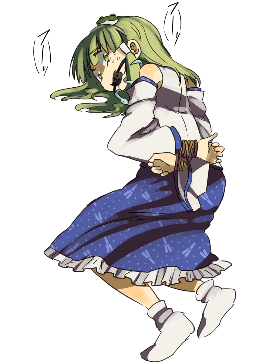 arms_behind_back bad_id bad_pixiv_id ball_gag bdsm bondage bound bound_wrists detached_sleeves frog from_behind gag gagged green_hair hachi_(8bit_canvas) hair_ornament highres kochiya_sanae long_hair looking_back nervous snake solo touhou