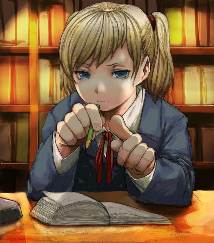 annoyed bad_id bad_pixiv_id blazer blonde_hair blue_eyes bookshelf desk face foreshortening hands jacket lolicept looking_at_viewer original pencil pointing school_uniform short_hair sitting sketch solo studying twintails