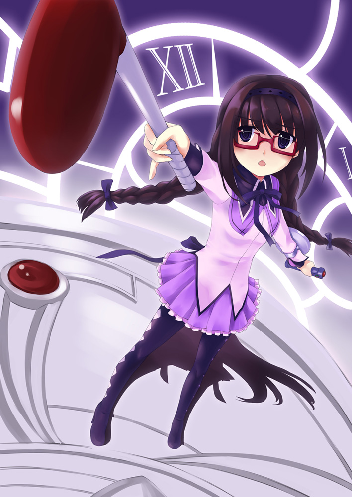 akemi_homura black_hair bomb braid glasses golf_club hairband magical_girl mahou_shoujo_madoka_magica mizuki_(mizuki_ame) pantyhose purple_skirt red-framed_eyewear skirt solo spoilers twin_braids