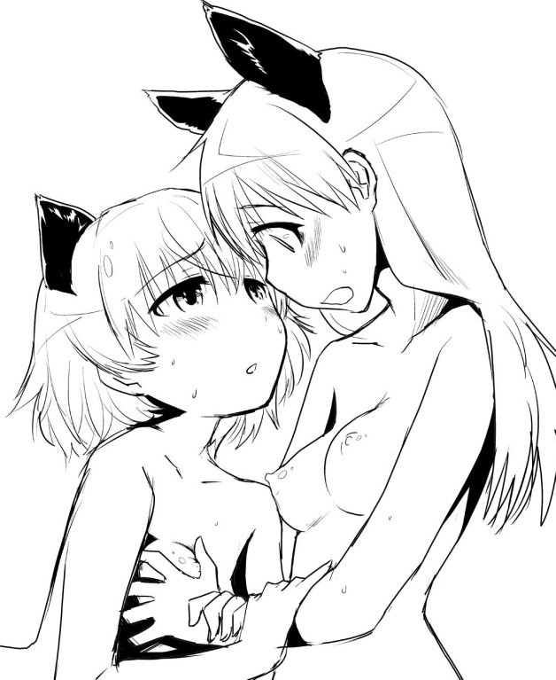 animal_ears arm_grab blush breast_grab breasts couple eila_ilmatar_juutilainen extra_ears grabbing greyscale guided_breast_grab long_hair monochrome mozu_(peth) multiple_girls nipples nude open_mouth sanya_v_litvyak short_hair simple_background sketch small_breasts strike_witches upper_body world_witches_series yuri