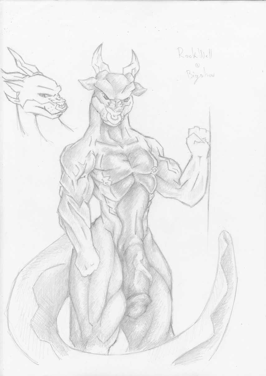 claws dragon horns looking_at_viewer male megan muscles nipple_piercing nipple_ring nipples nose_piercing nude penis piercing reptile scalie sketch solo standing tail