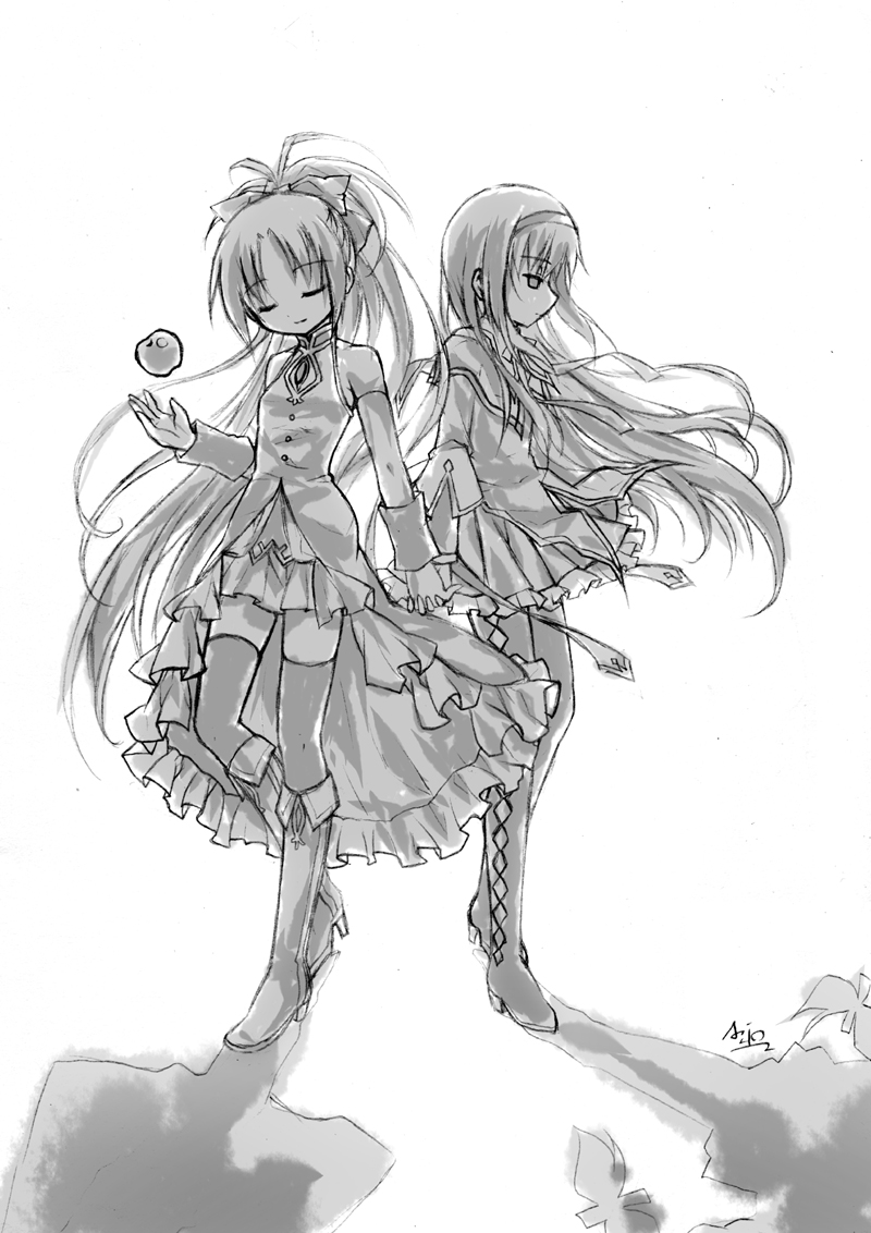 akemi_homura aoilio apple bad_id bad_pixiv_id boots braid closed_eyes different_shadow food fruit greyscale hairband hands_clasped holding_hands interlocked_fingers long_hair magical_girl mahou_shoujo_madoka_magica monochrome multiple_girls own_hands_together pantyhose ponytail sakura_kyouko shadow sketch smile spoilers thighhighs tossing twintails