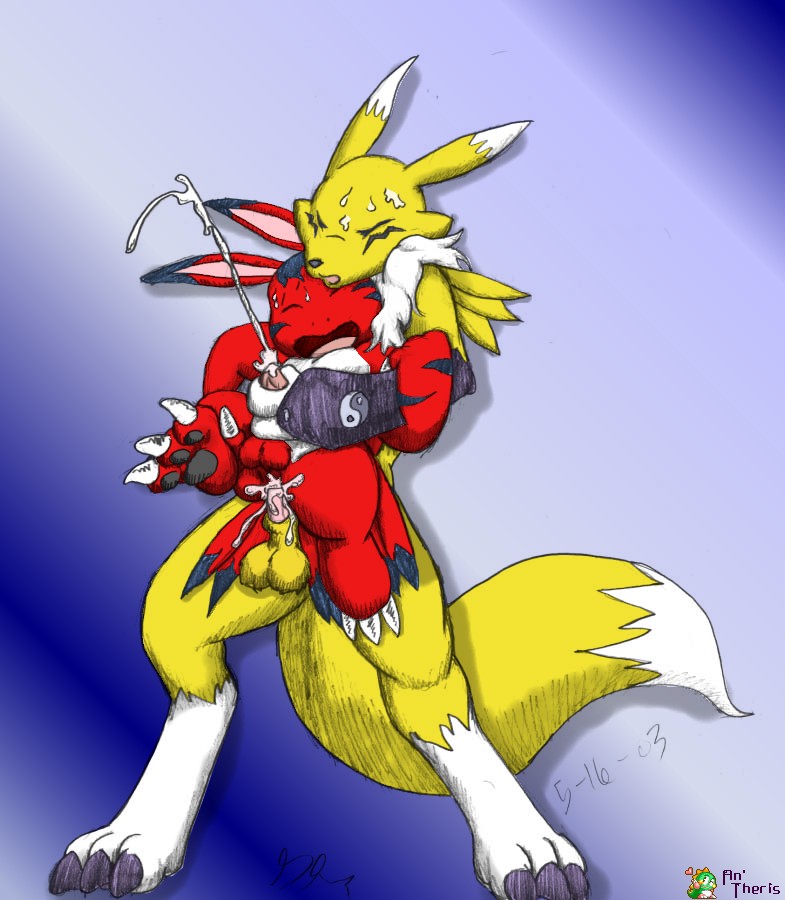 2003 anal anal_penetration balls canine claws cum cum_inside cumshot digimon ear_markings elbow_gloves elecmon eyes_closed face_markings fox from_behind gay male male_renamon masturbation orgasm penetration penis red renamon size_difference stand_and_carry_position standing sweat tail unknown_artist yellow