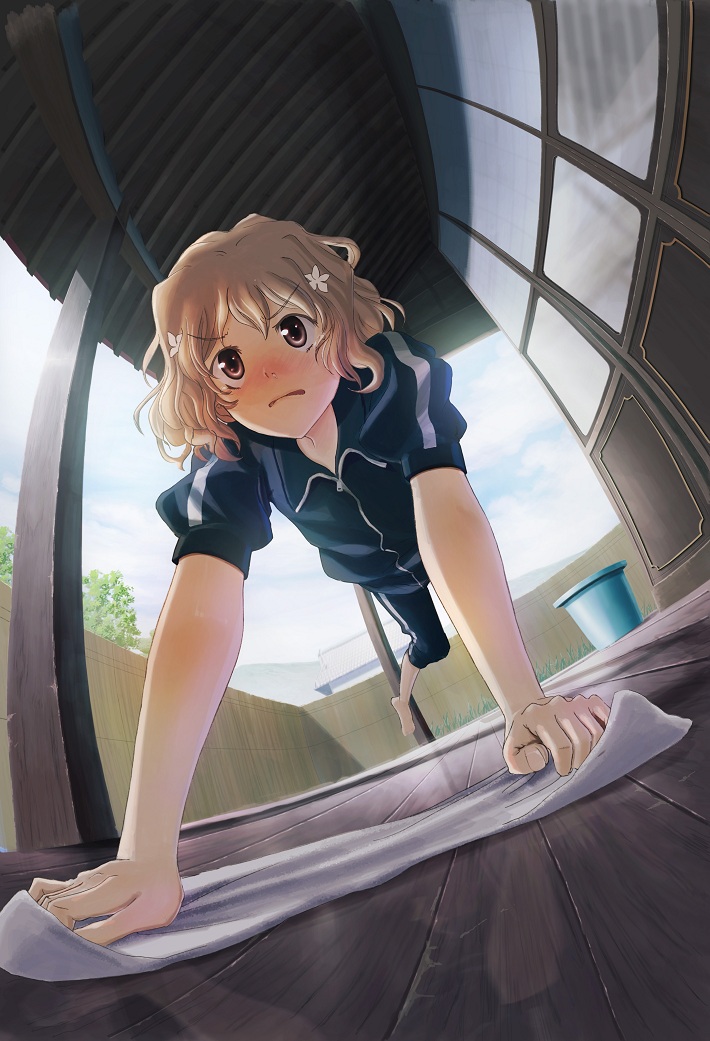 arm_support barefoot blush brown_eyes brown_hair bucket cleaning face flower foreshortening from_below hair_flower hair_ornament hanasaku_iroha hands mabi matsumae_ohana open_mouth perspective rag reflection running short_hair solo tears track_suit