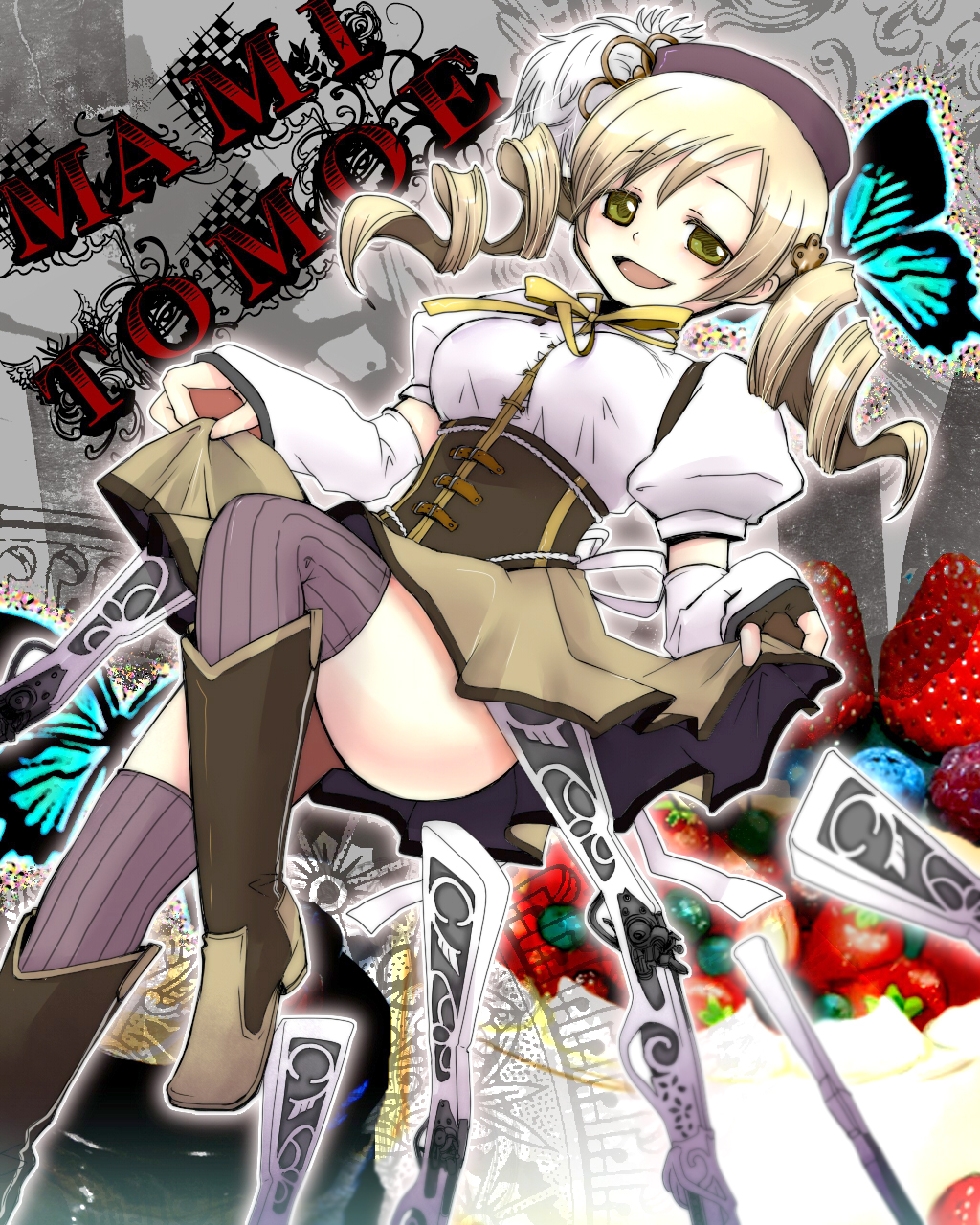 antique_firearm bad_id bad_pixiv_id beret blonde_hair blurry boots bug butterfly depth_of_field detached_sleeves drill_hair fingerless_gloves firearm firelock flintlock gloves gun hair_ornament hairpin hat highres ichiseal insect long_hair magical_girl magical_musket mahou_shoujo_madoka_magica open_mouth pleated_skirt puffy_sleeves ribbon rifle skirt skirt_lift smile solo striped striped_legwear thighhighs tomoe_mami twintails vertical-striped_legwear vertical_stripes weapon yellow_eyes zettai_ryouiki