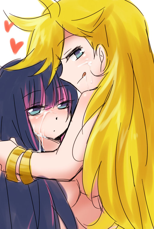 2girls :p blonde_hair blush breasts cum facial female long_hair looking_back lowres multicolored_hair multiple_girls nude panty_&amp;_stocking_with_garterbelt panty_(character) panty_(psg) pink_hair purple_hair simple_background smile stocking_(character) stocking_(psg) tongue tongue_out