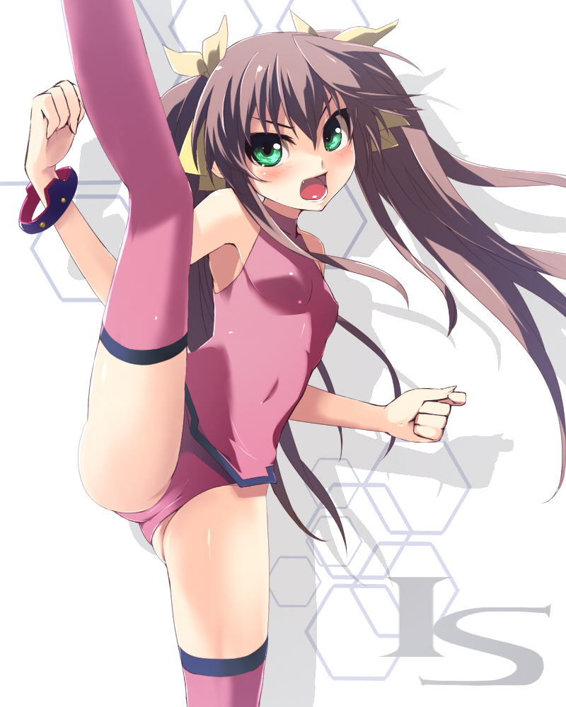 :o angry armpits axe_kick bare_shoulders blush bracelet breasts cameltoe clenched_hands copyright_name covered_navel crotch fang flexible green_eyes grey_hair grune hair_between_eyes hair_ribbon halterneck hex_grid high_kick huang_lingyin infinite_stratos jewelry kicking leotard logo long_hair looking_at_viewer open_mouth pelvic_curtain pilot_suit pink_leotard purple_legwear ribbon shadow shouting sidelocks small_breasts solo spread_legs studded_bracelet thighhighs turtleneck twintails v-shaped_eyebrows very_long_hair white_background