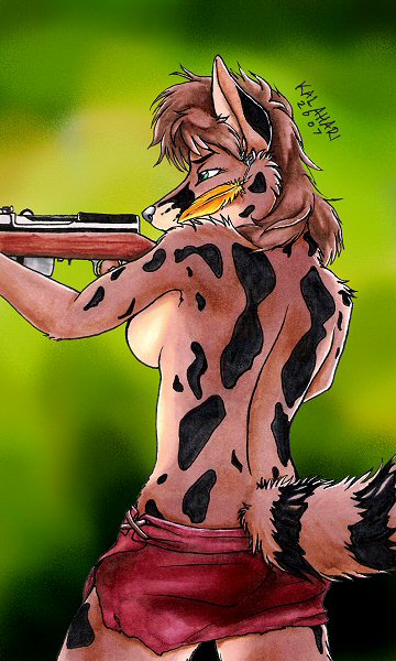 2007 breasts feather female genet gun kalahari side_boob skirt sks solo topless weapon