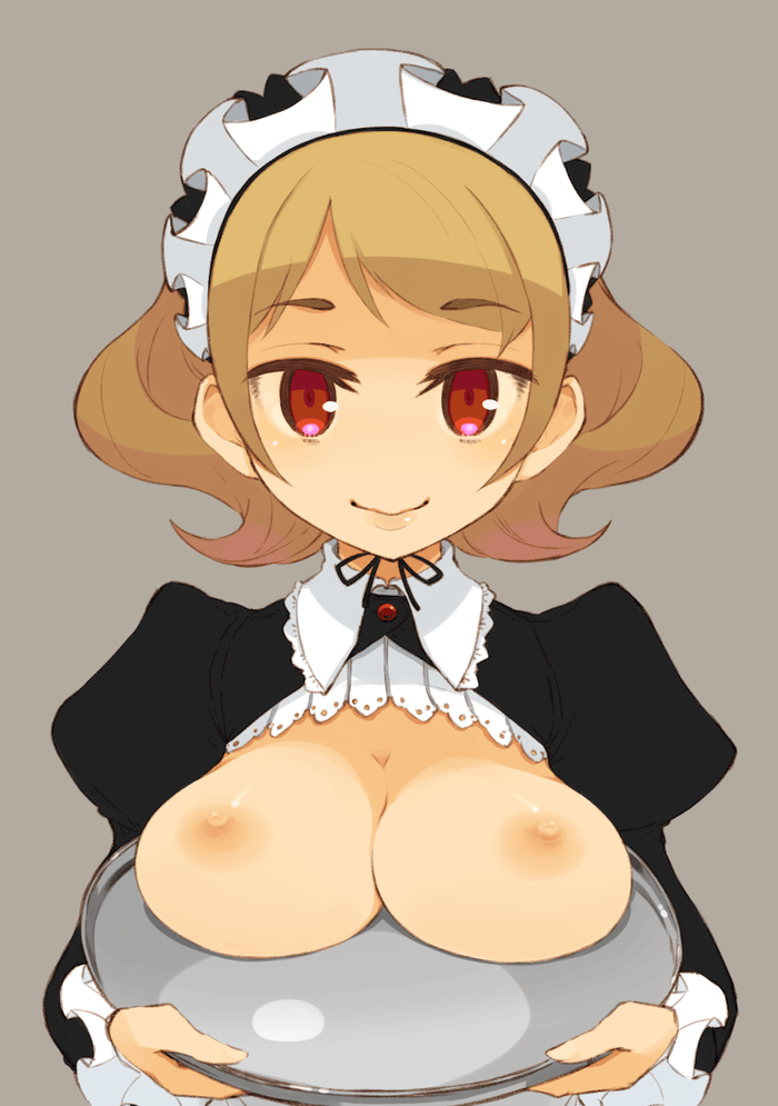 blonde_hair breast_rest breasts breasts_on_tray breasts_outside carried_breast_rest large_breasts maid maid_headdress mota nipples original red_eyes simple_background smile solo tray