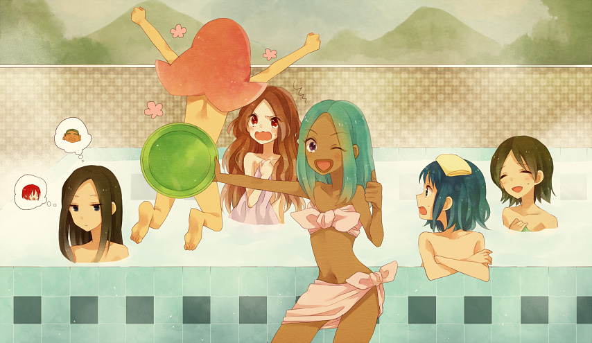 6+girls bad_id bad_pixiv_id barefoot blue_hair brown_hair censored convenient_censoring green_hair inazuma_eleven inazuma_eleven_(series) jumping kino_aki kira_hitomiko long_hair multiple_girls one_eye_closed onsen otonashi_haruna pink_hair raimon_natsumi short_hair tayako thumbs_up towel urabe_rika water zaizen_touko