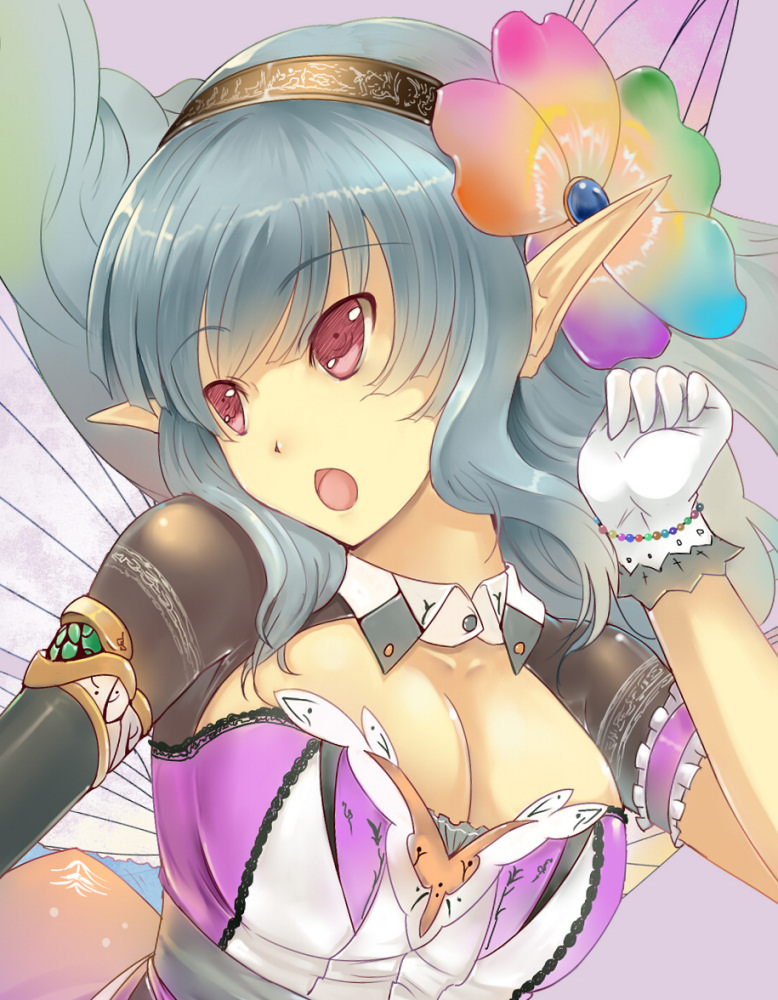 blue_hair breasts cleavage gloves large_breasts original pixie pointy_ears red_eyes solo sts wings