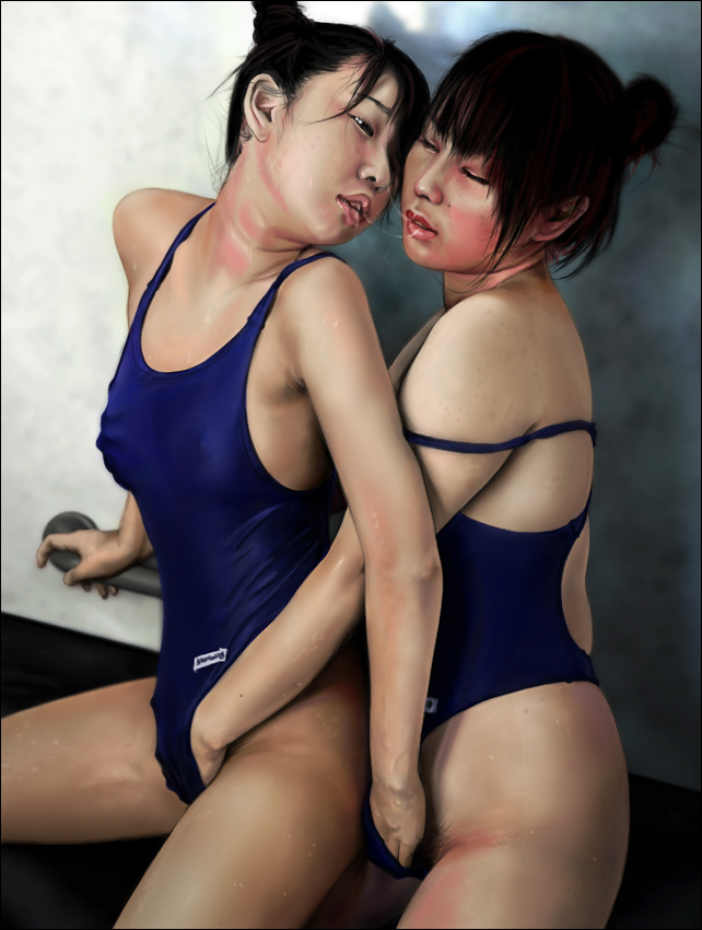 2girls asian fingering masturbation multiple_girls mutual_masturbation one-piece_swimsuit realistic saliva swimsuit yuri yuuri