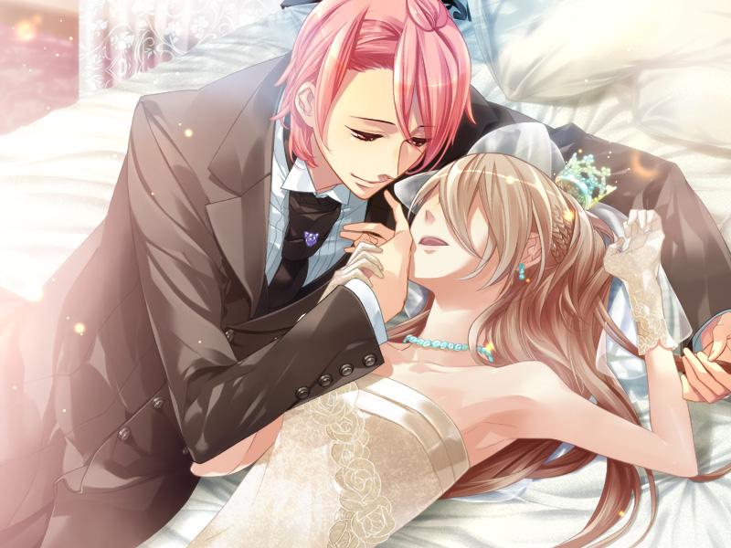 1girl aozora_hayato artist_request bed black_jacket black_neckwear black_pants braid brown_hair closed_mouth couple crown curtains dress earrings floral_print flower formal game_cg gloves hair_over_eyes hetero holding holding_hair jacket jewelry long_hair long_sleeves looking_at_another lying necklace necktie no_eyes on_back on_bed on_side pants parted_lips pillow pink_lips print_dress rose shirt smile starry_sky_(game) strapless strapless_dress suit veil white_dress white_gloves white_shirt yahisa_tsukiko