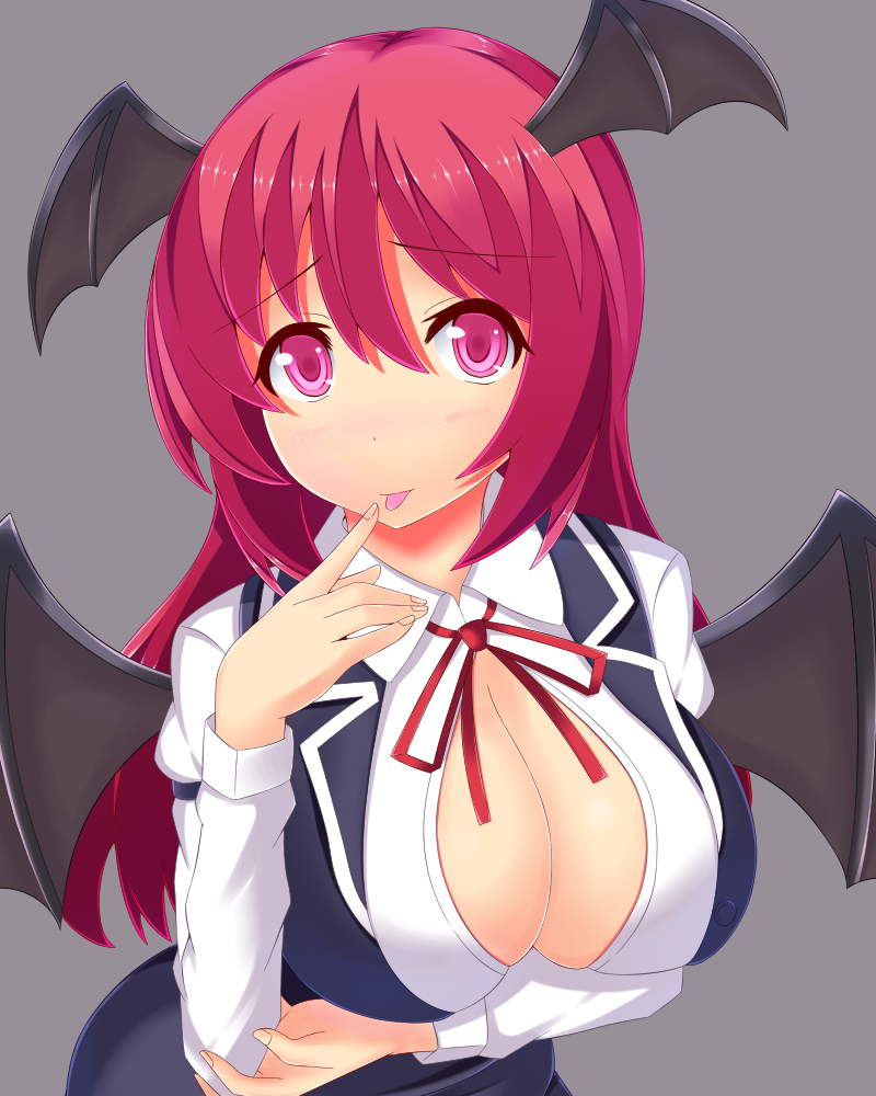 :p bat_wings breasts cleavage cleavage_cutout finger_to_mouth head_wings huge_breasts koakuma long_hair oga_raito pink_eyes red_eyes red_hair solo tongue tongue_out touhou wings
