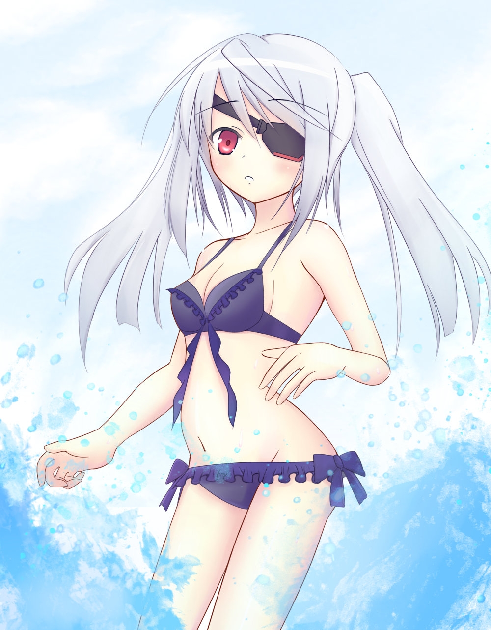 bad_id bad_pixiv_id bare_shoulders blush eyepatch highres infinite_stratos kirifrog laura_bodewig long_hair navel red_eyes silver_hair solo swimsuit twintails water