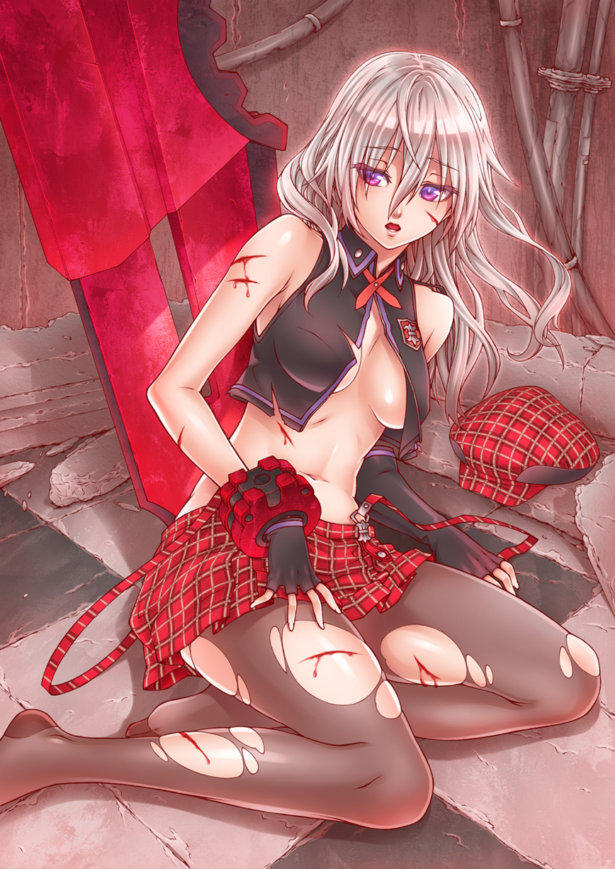 alisa_ilinichina_amiella asymmetrical_clothes bare_shoulders blood breasts fingerless_gloves gloves god_eater god_eater_burst hat hat_removed headwear_removed highres huge_weapon injury large_breasts long_hair mahitovii navel open_clothes pantyhose purple_eyes shadow sitting skirt solo suspenders torn_clothes torn_legwear vest weapon white_hair yokozuwari