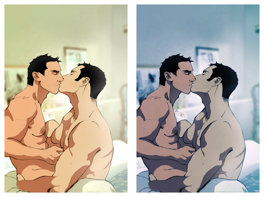 2boys abs bara day_and_night kiss kissing male male_focus multiple_boys muscle nipple_tweak nipples pecs sex yaoi