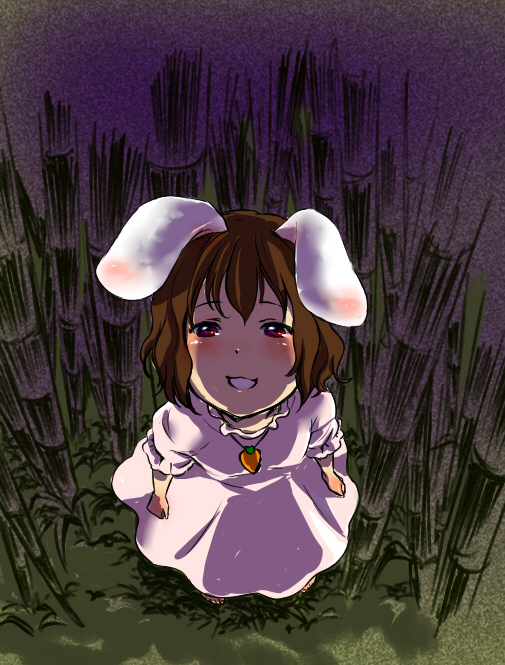 animal_ears bamboo bamboo_forest brown_hair bunny_ears carrot cohal forest inaba_tewi nature red_eyes short_hair smile solo touhou