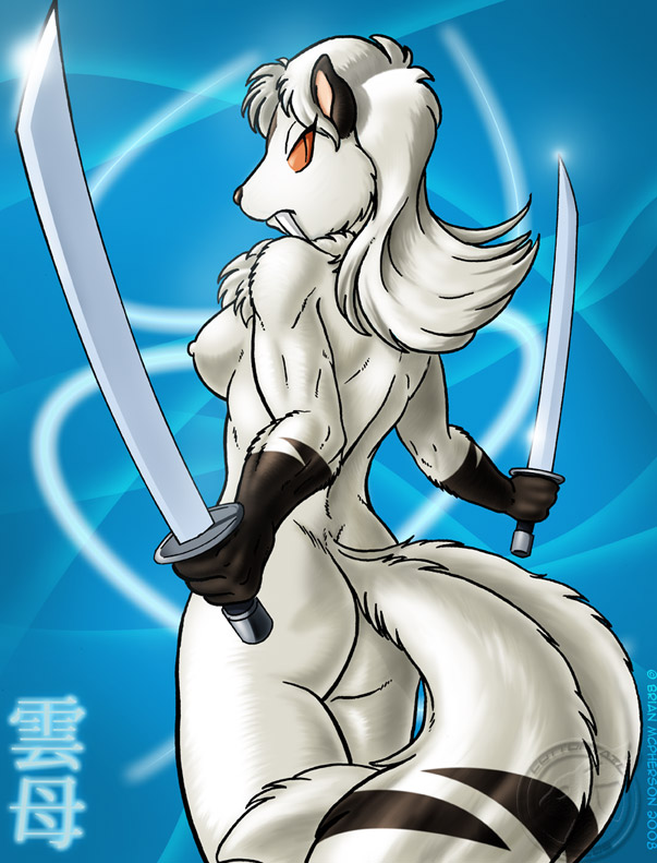 back breasts brian_mcpherson butt chest_tuft fangs feline female inuyasha japanese_text kirara looking_at_viewer looking_back multiple_tails nude side_boob solo sword tail weapon