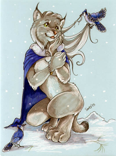 attendants avian bird blue_jay cloak crouching cute feline female grooming hair lynx nude sara_palmer snow solo tame winter