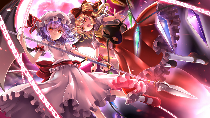 ascot bat_wings beckoning chain flandre_scarlet from_below full_moon glowing hat kimitoshiin laevatein lavender_hair mary_janes moon multiple_girls orange_eyes outstretched_arm outstretched_hand remilia_scarlet shoes short_hair siblings side_ponytail sisters spear_the_gungnir touhou wings