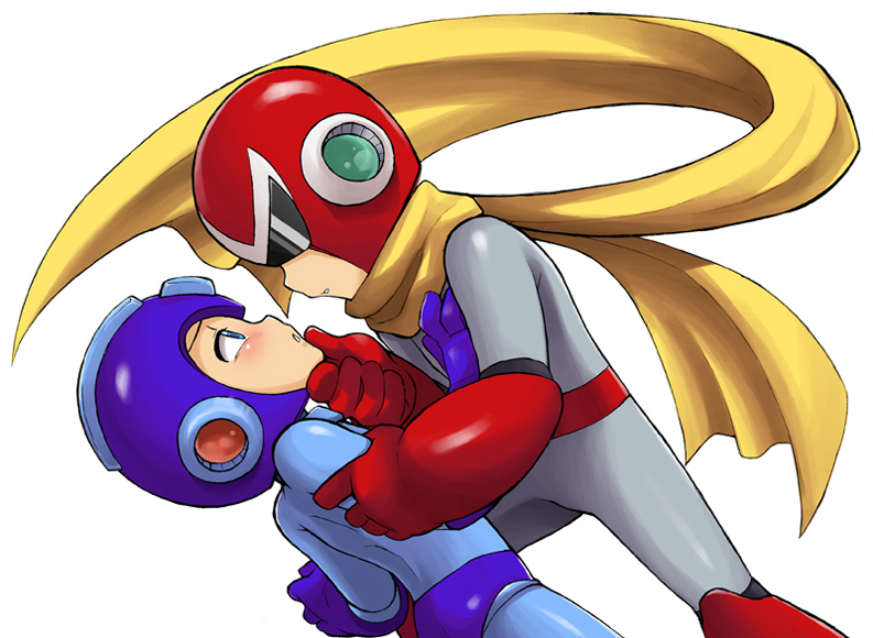 blue_eyes blues_(rockman) blush eye_contact helmet leaning looking_at_another male_focus multiple_boys rockman rockman_(character) rockman_(classic) sagamimok scarf simple_background yaoi