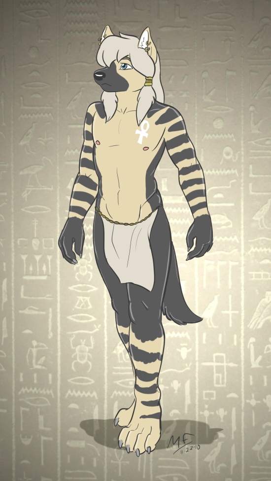 ankh anthro avoid_posting brown_hyena conditional_dnp ear_piercing earring egyptian hair hyena hyenafur loincloth long_hair male mammal moodyferret osiris osiris_(character) piercing solo striped_hyena underwear