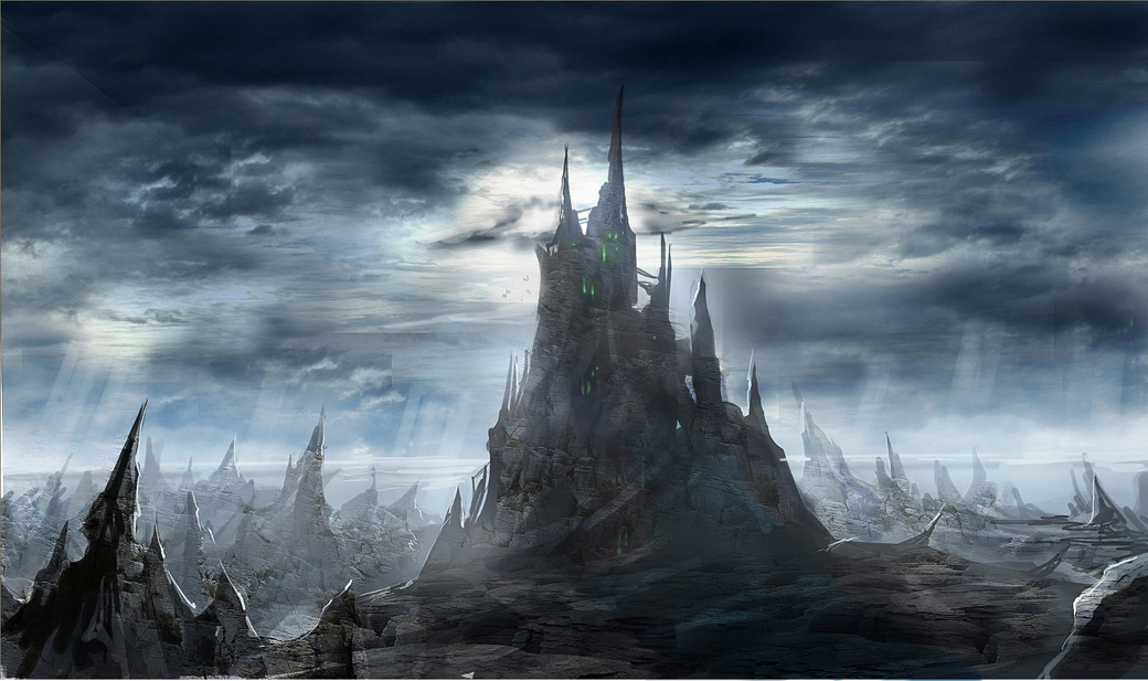 bad_pixiv_id castle cliff cloud cloudy_sky copyright_request glowing horizon light_rays mountain no_humans repi scenery sky sunbeam sunlight