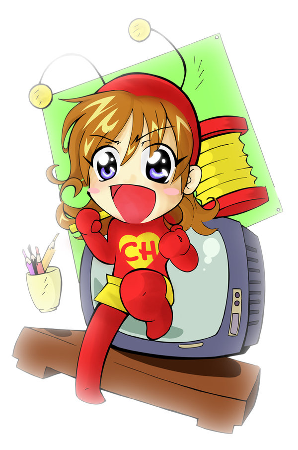 1girl blush_stickers brown_hair chapolin computer el_chapulin_colorado el_chapulin_colorado_(character) el_polegar genderswap hammer happy heart hood indoors looking_at_viewer mexico open_mouth shorts simple_background smile solo superhero television white_background