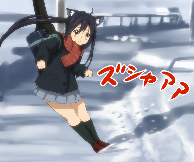 animal_ears bad_id bad_pixiv_id black_hair brown_eyes cat_ears coat commentary_request guitar_case instrument_case k-on! long_hair nakano_azusa scarf school_uniform snow solo striped striped_scarf twintails watanore