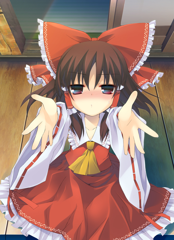 ascot blush bow brown_hair detached_sleeves hair_bow hair_tubes hakurei_reimu incoming_kiss looking_at_viewer outstretched_arms red_eyes solo tororo touhou