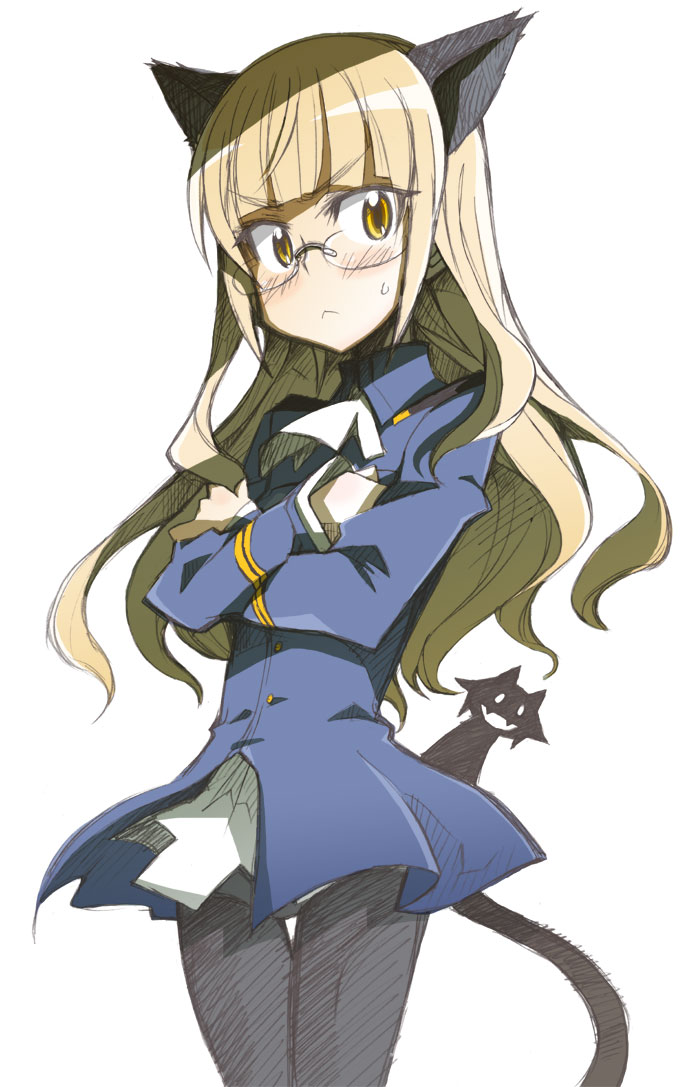 :&lt; animal_ears black_legwear blonde_hair blush can't_be_this_cute cat_ears cat_tail crossed_arms fangs glasses hiding kin long_hair military military_uniform miyafuji_yoshika multiple_girls open_mouth ore_no_imouto_ga_konna_ni_kawaii_wake_ga_nai panties panties_under_pantyhose pantyhose perrine_h_clostermann shadow silhouette_demon smile strike_witches sweatdrop tail underwear uniform world_witches_series yellow_eyes